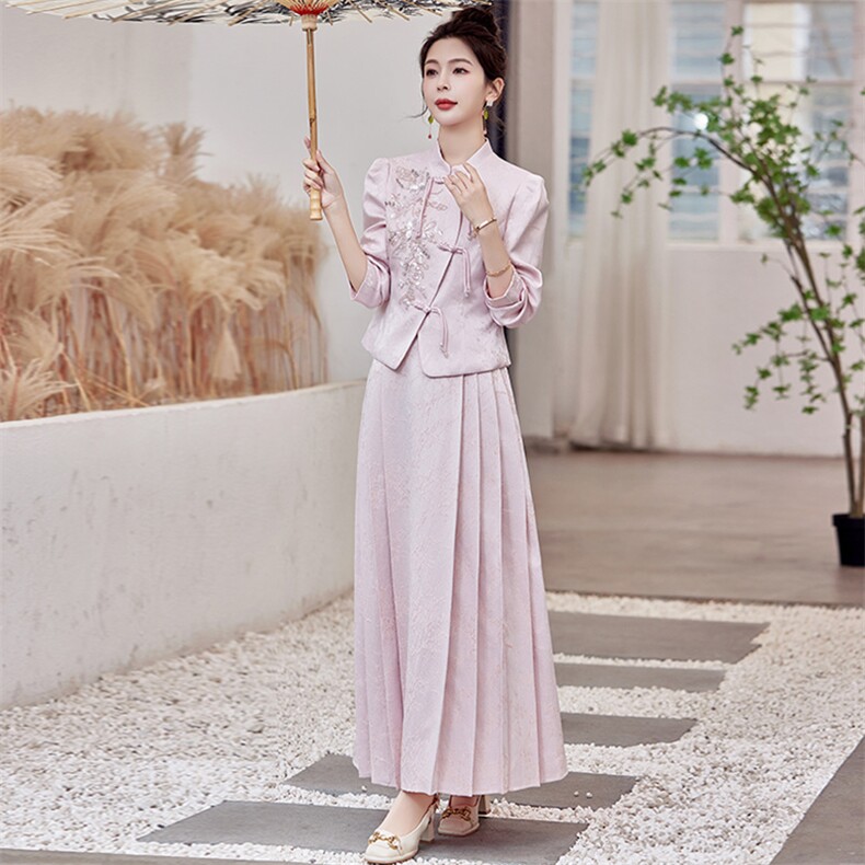 2025新款春秋装复古中国风绣花连衣裙女装礼服气质新中式套装裙,女装套装/套裙,芷墨服饰