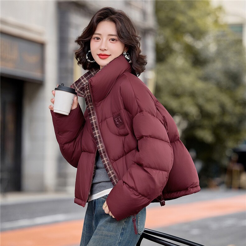 时尚格子拼接立领短款羽绒服女2025冬季新款洋气小个子白鸭绒外套,女装羽绒服,涵墨