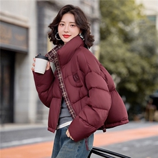 时尚格子拼接立领短款羽绒服女2025冬季新款洋气小个子白鸭绒外套，女装羽绒服，涵墨