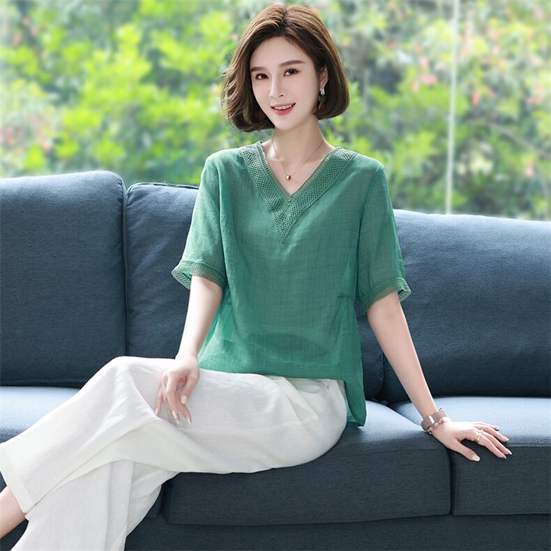 夏季棉麻女上衣妈妈苎麻小衫2025年新款休闲宽松薄款减龄亚麻衬衫,女装T恤,丽影随形