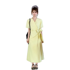 黄色短袖连衣裙子女夏2025年新款设计感小众法式气质收腰显瘦长裙，女装连衣裙，2D045