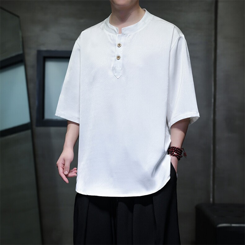 夏季新款缎面立领短袖风花纹新中式五分袖半袖大码T恤T815P55，男装T恤，电商A021A