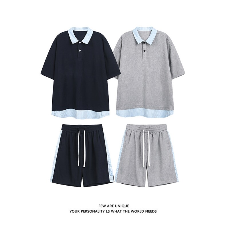 抖音品质夏季新款假两件短袖POLO衫潮牌休闲套装男-A2119TP50控78,男装T恤,电商B241