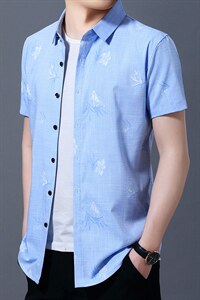 衬衫2023新款夏装商务休闲正装中年男士纯色印花翻领短袖工装衬衫图片