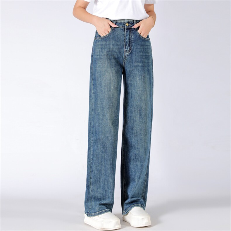 时尚高腰显瘦直筒牛仔裤女宽松百搭气质休闲长裤，女装牛仔裤，宛庄羊绒