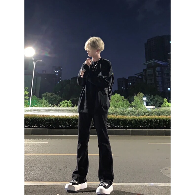 cleanfit裤子高街vibe纯黑色牛仔裤男款夏季修身直筒弹力微喇叭裤,男装休闲裤,星座310A-4