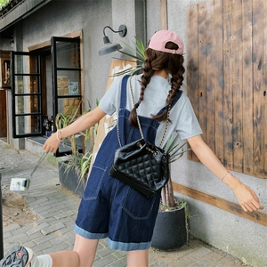 港风复古蓝色牛仔背带裤女夏季2025新款印花T恤阔腿裤图片