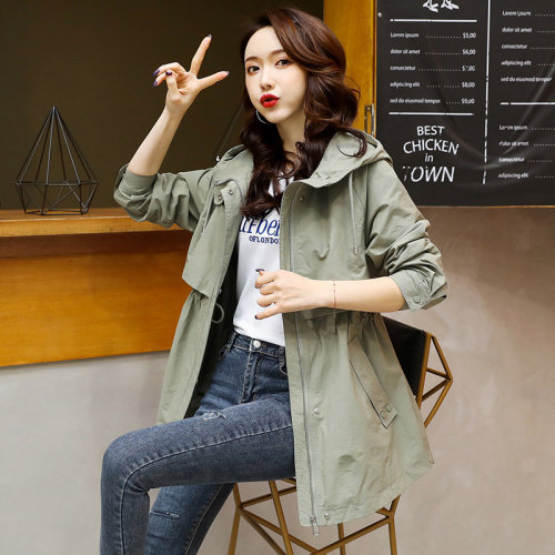 风衣女中长款2022新款时尚韩版宽松休闲收腰小个子连帽春秋季外套，女装风衣，艾瑞儿