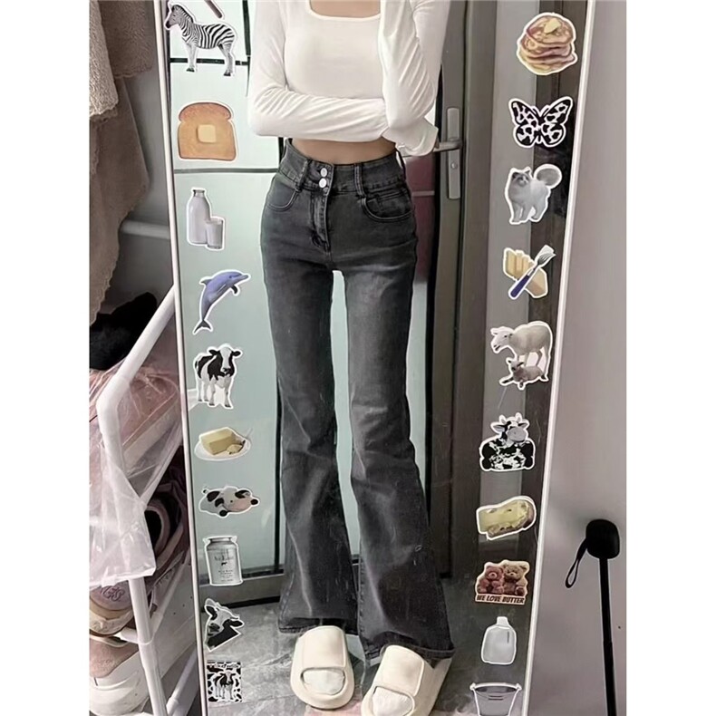 港风高街黑灰色牛仔裤女ins潮流春秋新款百搭显瘦阔腿微喇拖地裤图片