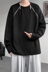 斜开拉链高品质垫肩小众机车高街痞帅潮男打底衫长袖T恤 特P48图片