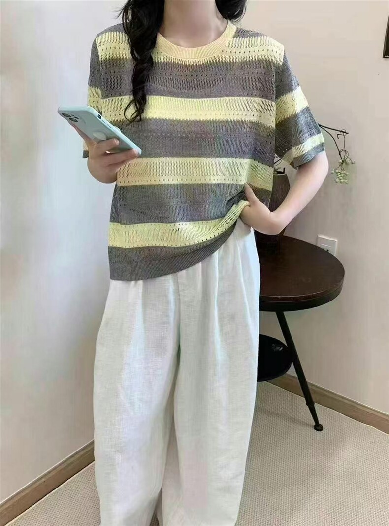 天丝亚麻拼色条纹圆领T恤，女装针织衫/毛衣，天佑贝依