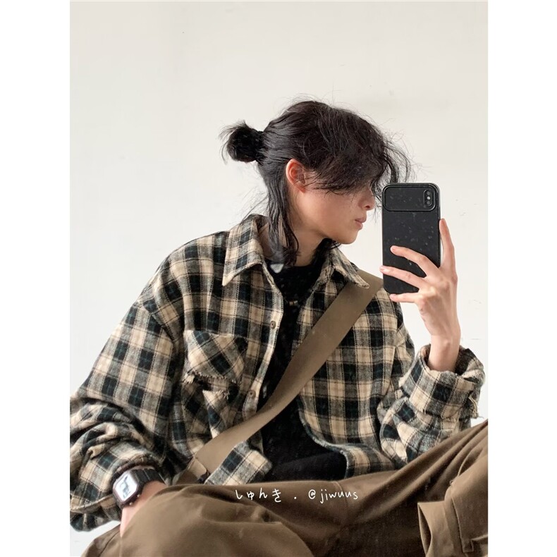 美式潮牌毛边下摆格纹刺绣衬衫春秋男女休闲百搭小众衬衣,男装衬衫,星座218-1（原230）