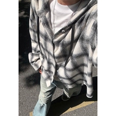 日系复古格纹撞色连帽夹克男春秋拉链工装棉服加厚外套，男装夹克，星座506A