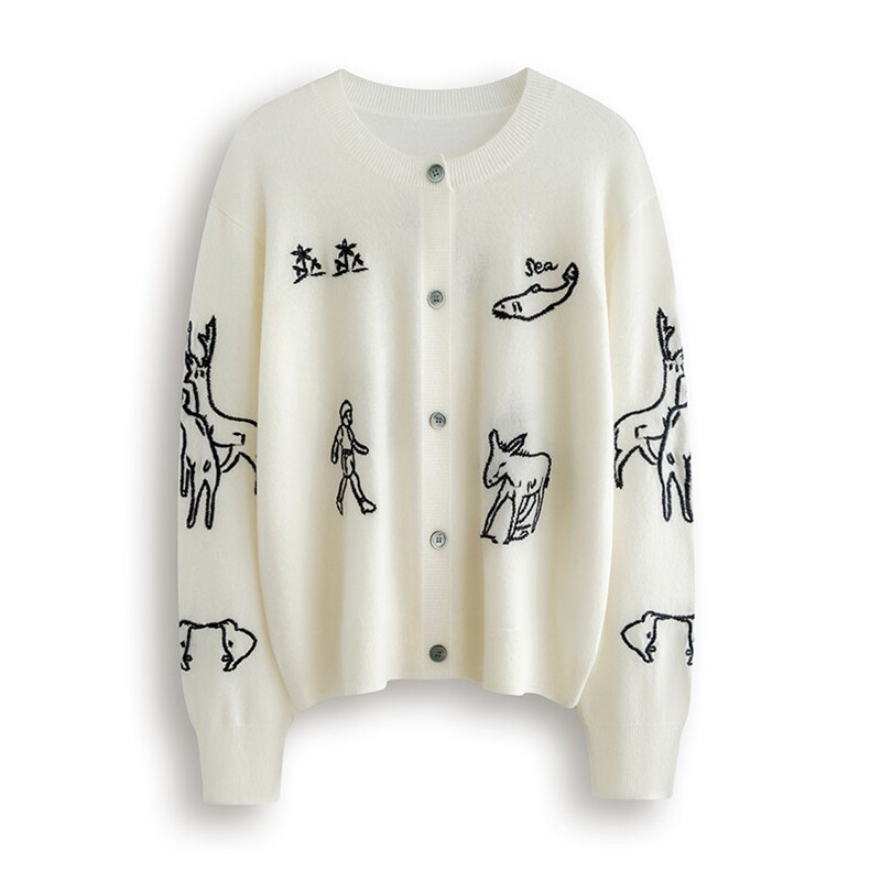 2025秋冬百搭时尚圆领手绣卡通图案开衫，女装羊绒衫，绒默