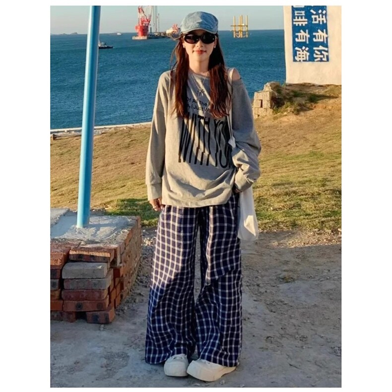 美式复古格子休闲裤男女款cleanfit慵懒松弛感裤子宽松直筒阔腿裤,女装休闲裤,星座1210-1