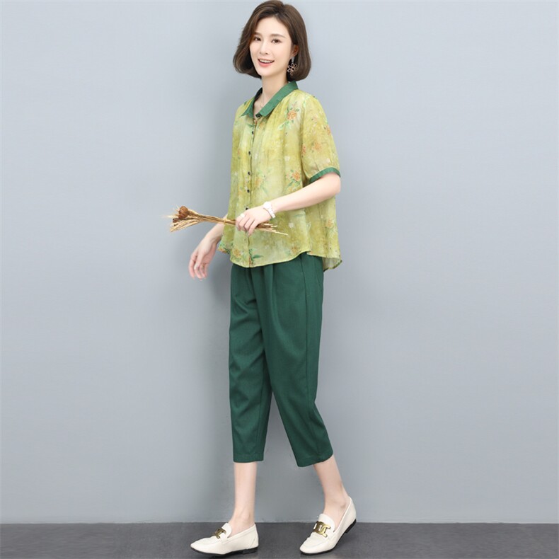 高端苎麻碎花套装纯亚麻上衣女装2025年新款夏季妈妈装棉麻两件套,女装套装/套裙,奕阳依阁