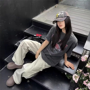 水洗做旧卡通印花短袖T恤男夏季新款青少年痞帅宽松休闲五分袖潮图片