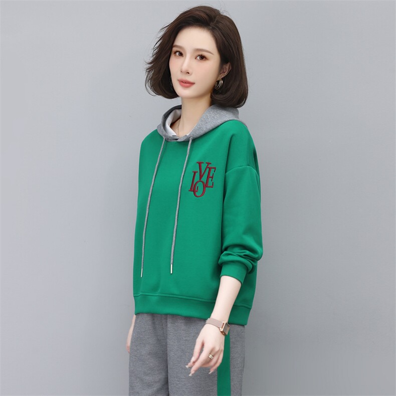 时尚休闲宽松连帽刺绣卫衣套装女秋冬季新款韩版百搭显瘦长袖上衣裤子两件套,女装卫衣/绒衫,依恋蒂丝