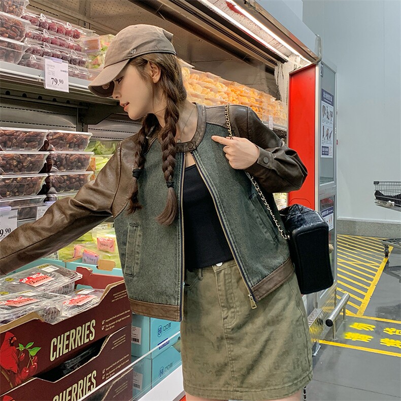 港风复古时尚拼接皮牛仔外套女2025春秋季新款宽松显瘦正肩短上衣图片