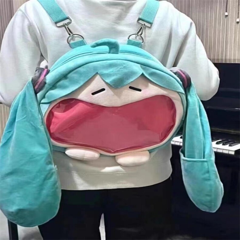 初音耳机双肩包，亮亮毛绒玩具