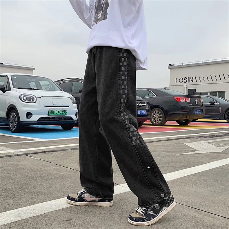 美式高街牛仔裤男秋冬季侧排扣直筒裤子潮牌格子阔腿裤NK419-P40,男装牛仔裤,星座1008-1