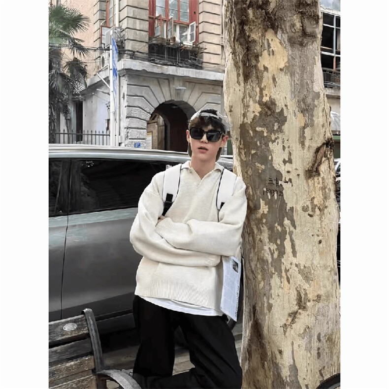 重磅秋冬北极绒亨利领毛衣开衫美式复古休闲慵懒风纯色翻领针织衫，男装针织衫/毛衣，电商A486-1