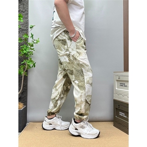 夏季薄款冰丝休闲束脚裤男提花透气宽松哈伦裤印花百搭垂感九分裤图片