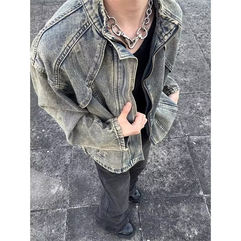 【001】毛边水洗牛仔外套男拉链立领机车夹克短款A079-2205-P69,男装工装外套,电商A079