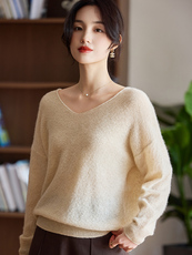 秋冬新款纯色第圆领纯色针织套头上衣慵懒风，女装针织衫/毛衣，贝美羊绒