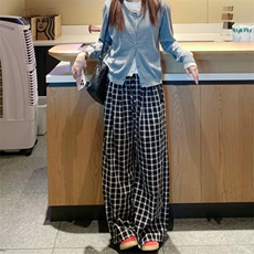 美式高街潮牌男女泡泡格子休闲裤直筒宽松慵懒显瘦阔腿休闲长裤子，男装休闲裤，电商A486