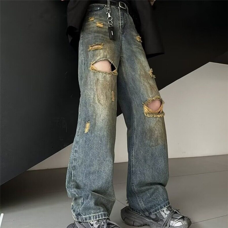 DK62-P55美式破洞牛仔裤男夏季薄款宽松拖地长裤子男-网图现货,男装牛仔裤,星座603-2