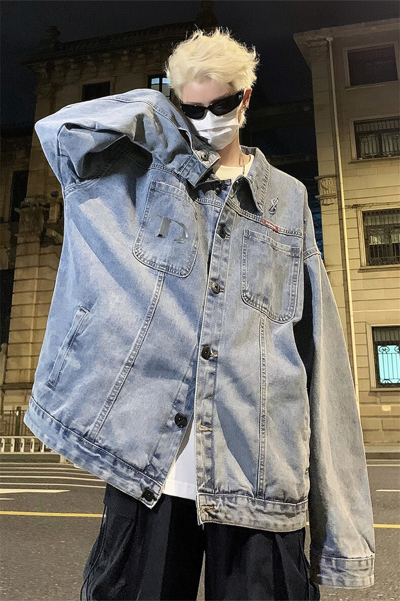 男装牛仔外套2026秋季字母绣标印花男生翻领夹克XZ514-2-N97-P88,男装工装外套,星座514-2(原B239)
