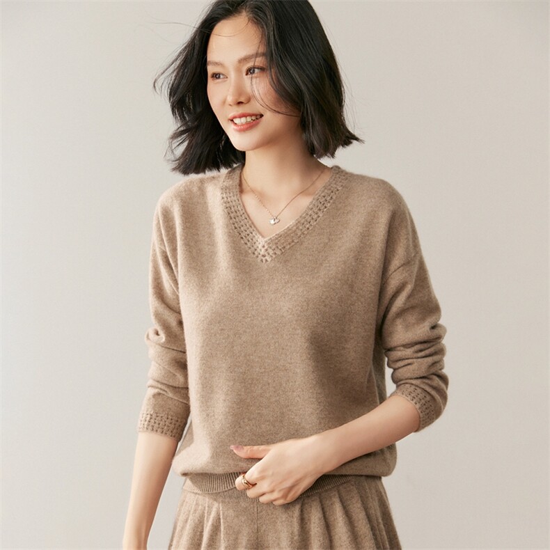 新款v领纯色针织衫简约百搭套头上衣女,针织衫/毛衣,鸥蕊娅羊绒