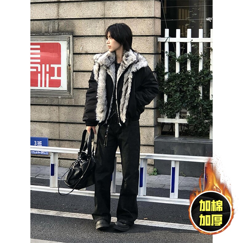 现货高品质美式高街重磅狼王座山雕毛毛领假两件棉衣加厚棉服外套，男装棉衣，电商A486-1