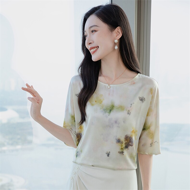 圆领印花真丝上衣女五分袖2026装短袖T恤半袖妈妈装真丝小衫,女装衬衫,阿舍尔精品