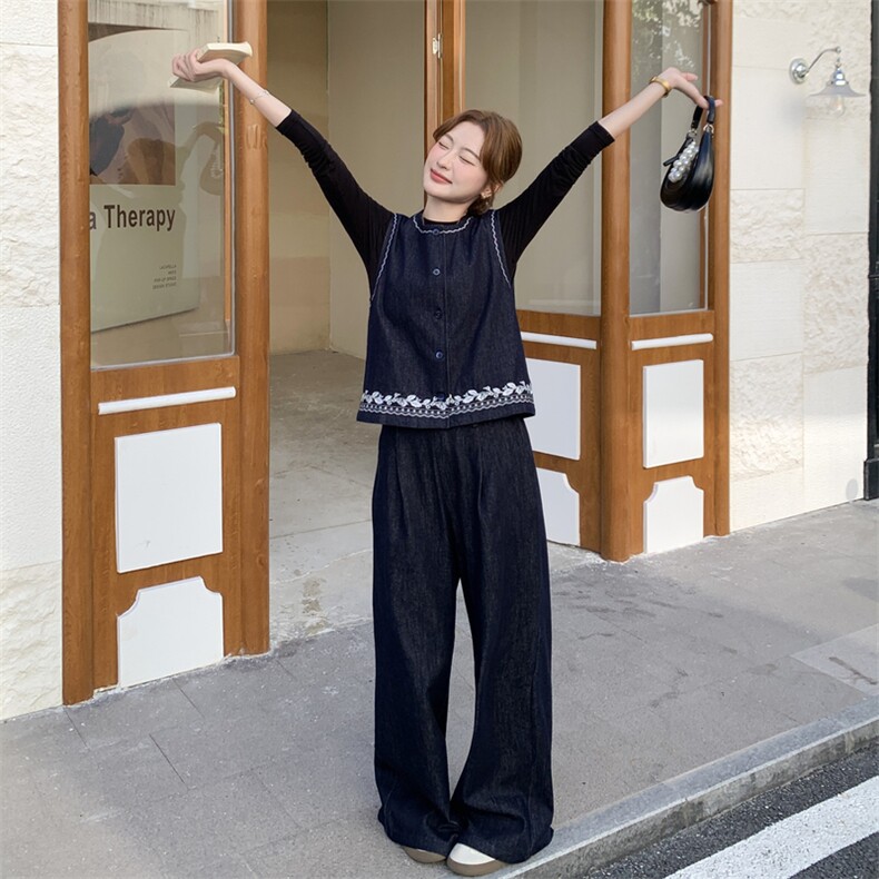 韩系复古牛仔套装女2025秋新款休闲百搭显瘦刺绣马甲阔腿裤两件套,女装套装/套裙,2C028