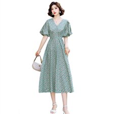 V领短袖时尚收腰气质百搭韩版2021夏季连衣裙，女装连衣裙，超帛