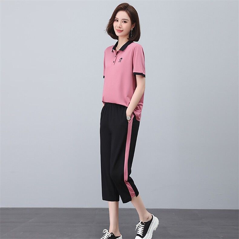 啄木鸟纯棉运动服套装女夏季宽松短袖七分裤中年妈妈装休闲两件套,女装套装/套裙,忆绮罗