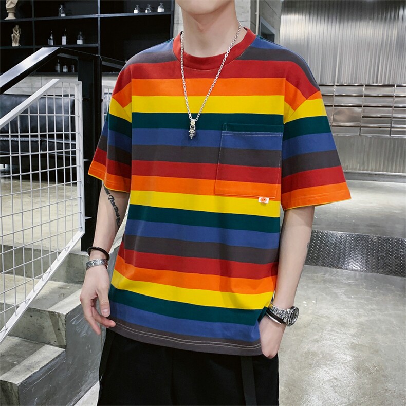 男士短袖t恤条纹打底衫潮流半袖宽松体恤上衣服DS719TP35,男装T恤,电商A102