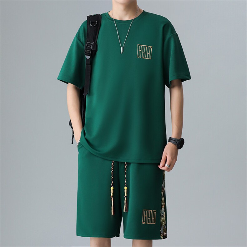 男士刺绣夏季拼接休闲运动套装男T恤短裤两件套潮A266-TZ7707-P45图片