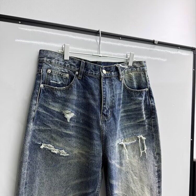 美式复古水洗破洞牛仔裤女高街辣妹潮牌宽松显瘦直筒阔腿拖地长裤,男装牛仔裤,星座506A