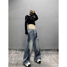 美式辣妹弯刀阔腿拼接解构破洞喷绘做旧牛仔裤女复古宽松垂感长裤，男装牛仔裤，星座506A