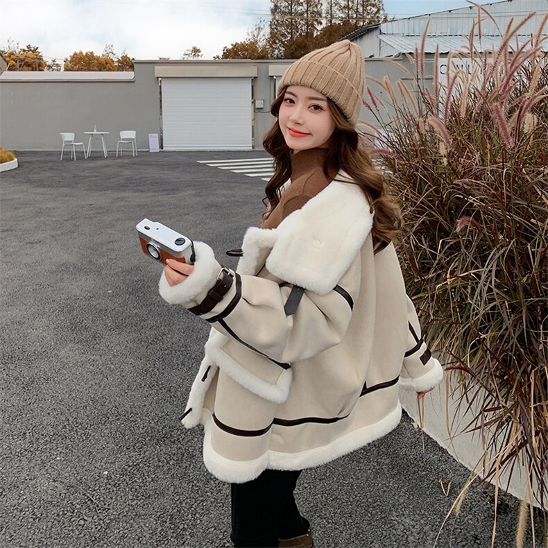羊羔毛皮毛一体外套女2024新款冬季爆款韩系加绒加厚鹿皮绒机车服,女装短外套,2C129