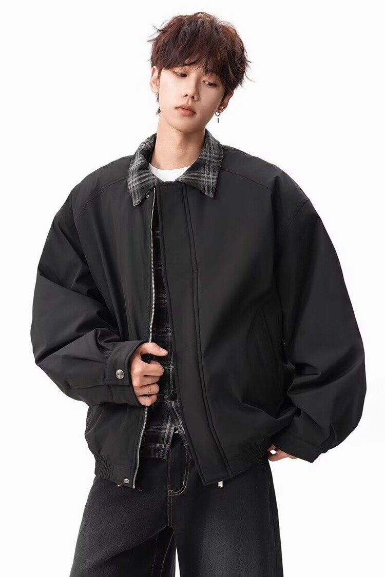 复古假两件飞行棉服夹克男格纹拼接棒球服美式休闲棕色外套,男装夹克,星座218-8
