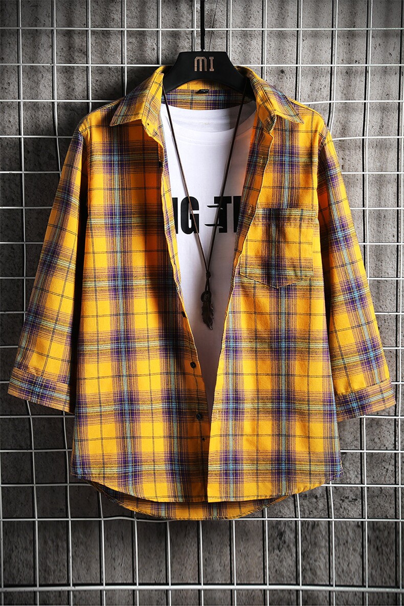 格子衬衫男短袖外套上衣服夏韩版潮流休闲七分袖衬衣DS812TP35,男装衬衫,电商A102