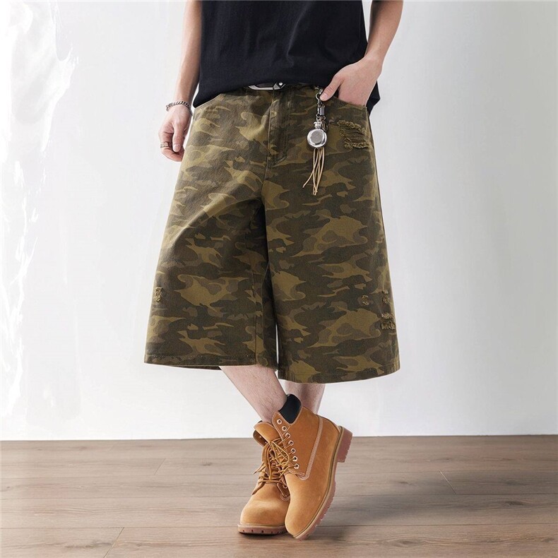 中性半松紧腰夏季美式复古迷彩破洞裤男女阔腿宽松直筒休闲七分裤，男装牛仔裤，电商A306-2