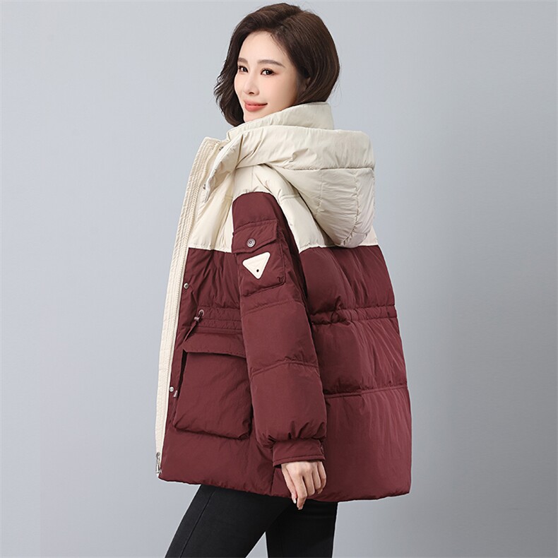 现货新款拼色高端品质白鸭绒羽绒服中款运动外套备双十一，女装羽绒服，凝聚力