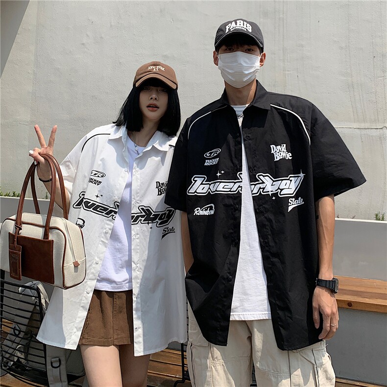 情侣装夏装新款机车字母印花织带短袖衬衫宽松男女港风潮D305 P48图片