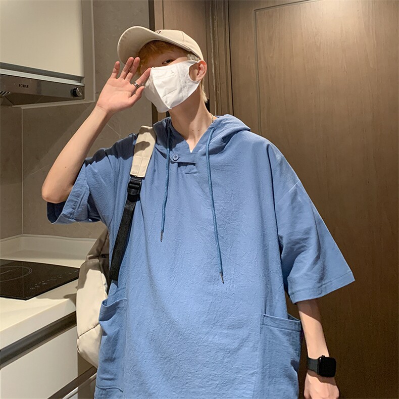 夏款男连帽T恤工装织带大口袋褶皱五分袖外套T229P38,男装T恤,星座1013-1