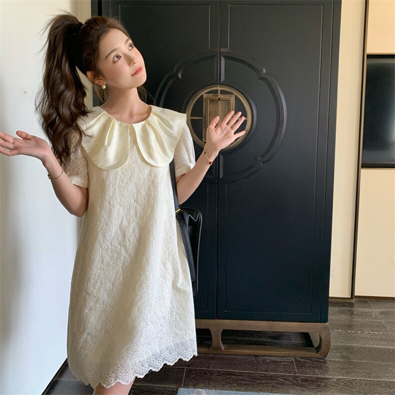 温柔风娃娃领小白裙女夏季新款蕾丝刺绣初恋甜美减龄小个子连衣裙，女装连衣裙，帛香坊